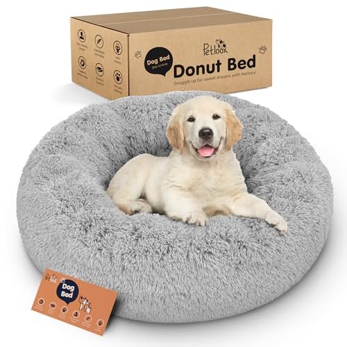 Petloox Donut Dog Bed - Premium Comfort for Anxiety Relief - Fluffy & Calming Design with Ultra-Plush Support | Cozy Round Dog Bed with Super Soft Circle Style (Size S Grey)