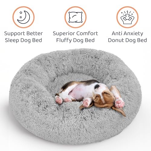 Calming Donut Dog Bed: Anxiety Relief Soft Plush Round Pet Cushion Grey S - Image 2
