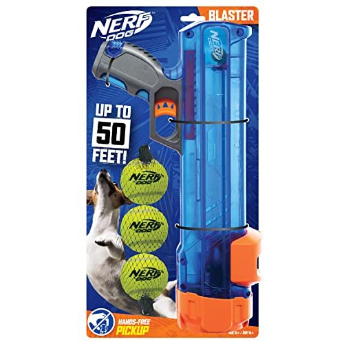 Nerf Dog Tennis Ball Blaster Dog Toy Gift Set, Tennis Ball Dog Fetch Toy Launches up to 50 ft, Dog Ball Thrower for All Breeds Includes Translucent Blue Tennis Ball Launcher and 3 Dog Tennis Balls