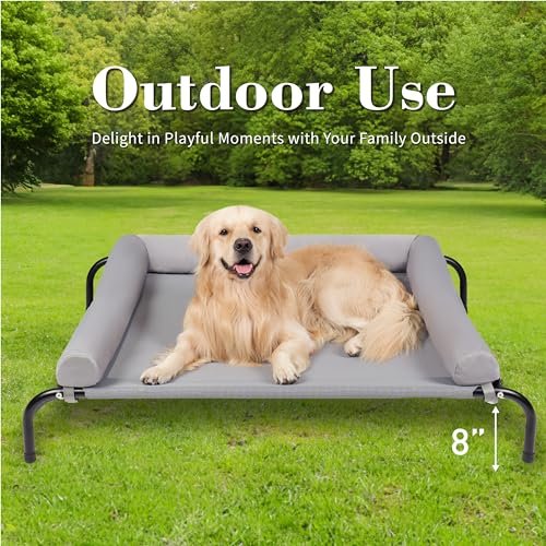 Elevated Dog Bed: Cooling Mesh Cot with Pillows, Chew-Proof, Portable Large Gray - Image 4
