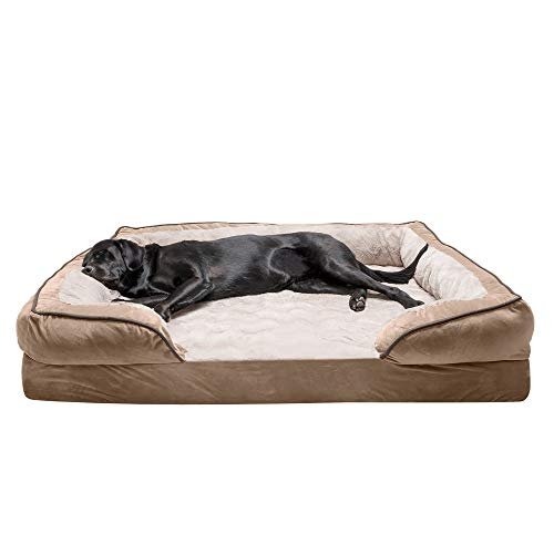 Furhaven Cooling Gel Dog Bed for Large Dogs w/ Removable Bolsters & Washable Cover, For Dogs Up to 95 lbs - Plush & Velvet Waves Perfect Comfort Sofa - Brownstone, Jumbo/XL