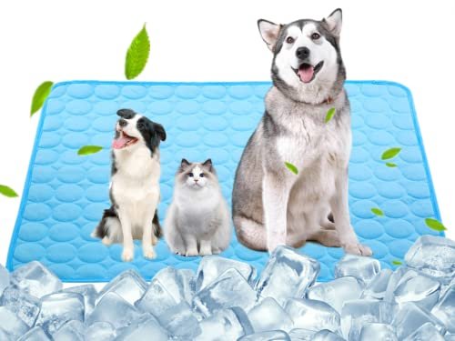 SOMOYA Dog Self Cooling Mat Pet Washable Cooling Pads Blanket Sleeping Kennel Mat,Ice Silk Sleep Mat Pad Non-Toxic Breathable Sleep Bed Beach for Large Dogs Cats (Blue, 27.5x39.4 in)