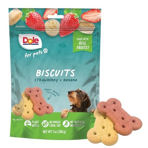 Dole for Pets - Freshly Fetched Banana & Strawberry Dog Biscuits | Real Fruit Flavor | Vegan Crunchy Snacks | No Wheat, Corn, Soy or Artificial Additives, 7oz Pack