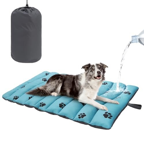 BEAUTYZOO Outdoor Dog Bed Waterproof, Camping Dog Bed Reversible, Portable Travel Bed with Carry Bag- Machine Washable, Durable, Foldable Outdoor Pet Bed Mat for Medium Large Dogs, 26” x 43“ Blue