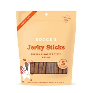 Bocce's Bakery Jerky Stick Dog Treats, Wheat-Free, Made with Limited-Ingredients, Baked in The USA with No Added Salt or Sugar, All-Naural & High-Protein, Turkey & Sweet Potato, 4 oz