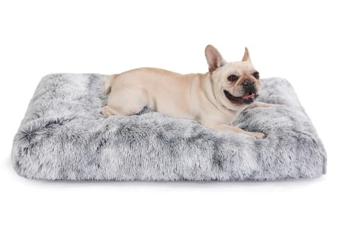 Bedfolks Waterproof Dog Crate Bed With Removable Washable Cover, Plush Faux Fur Pad for Large Dogs, Fluffy Kennel Bed 35"x23", Dark Grey