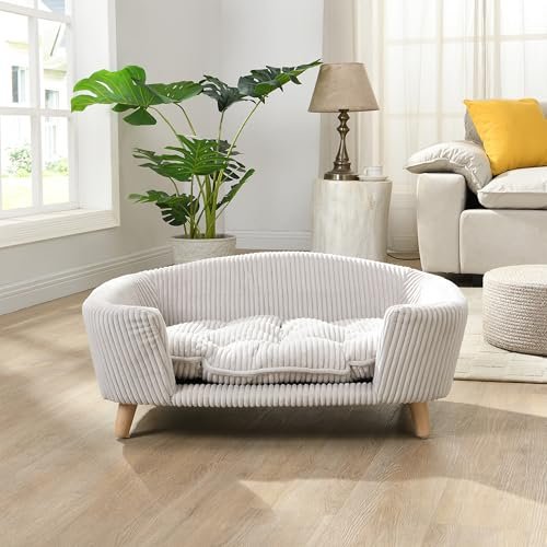 Orthopedic Small Dog Bed Sofa - Elevated Foam Couch with Wooden Legs, Beige - Image 4