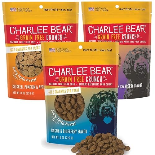 Charlee Bear Dogs Training Treat and Snack, Crunchy Low Calorie Grain Free Dog Treats, Made in USA, Best for Small and Medium Breeds, Great for Puppy Training Treats, 3 Flavor Variety Pack, 8oz Each