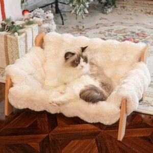 CHEERHOME PETS Elevated Cat Couch Bed for Indoor Cats, Wooden Cat Sofa with Removable Washable Fluffy Cover Raised Kitty Lounge Chair Suitable for Puppy(Cat Sofa Off-White)