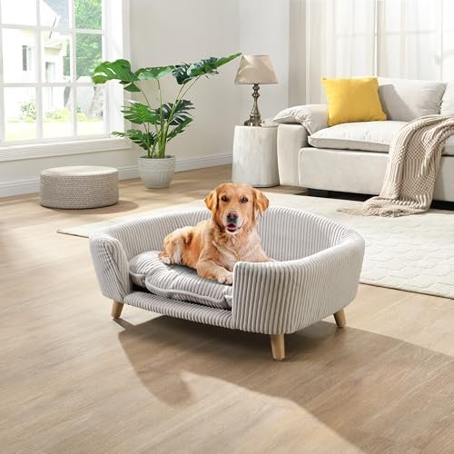 Orthopedic Small Dog Bed Sofa - Elevated Foam Couch with Wooden Legs, Beige - Image 3
