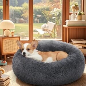 OhGeni Calming Donut Dog Bed Pillow for Small Medium Pets, Machine Washable Removable Cover, Comfort Plush Fluffy Faux Fur with Anti-Slip Bottom, Cats-Friendly Round Cuddly Design, Gray, 23 inches