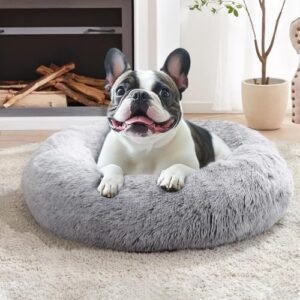 JOLLYVOGUE Calming Dog & Cat Bed for Small Dogs, Anti-Anxiety Donut Cuddler Cozy Soft Round Bed with Anti-Slip Bottom, Fluffy Faux Fur Plush Cushion Beds for Small Medium Dogs, 23"/Smoke Gray