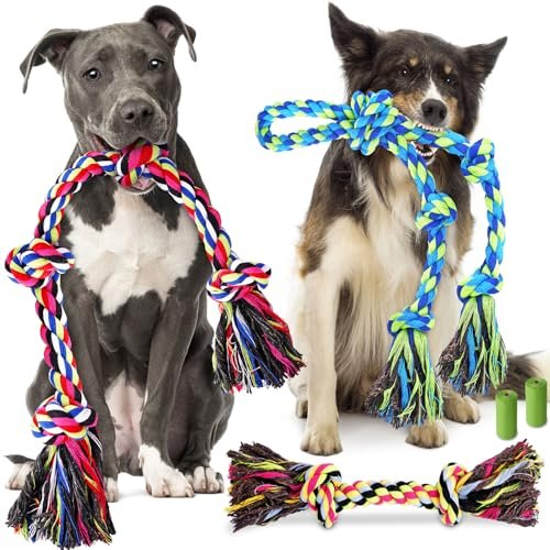 Forfon Heavy Duty Dog Toy for Aggressive Chewers – Tough Chew Toys for Large Dogs, Great for Tug-of-War & Teeth Cleaning, with 3 Rope Toys & 2 Dog Bags