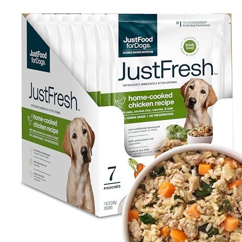 JustFoodForDogs JustFresh Home-Cooked Chicken Dog Food with No Preservatives, Resealable Packaging, Human Grade Wet Dog Food, 12 oz - 7 Pack