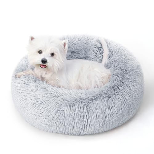 Calming Dog Bed & Cat Bed for Indoor Cats, Medium Size Washable Anti-Slip Anti-Anxiety Donut Dog Beds for Small Dogs & Cats, Fluffy Plush Cozy Round Dog Bed(20 Inch, Light Grey)