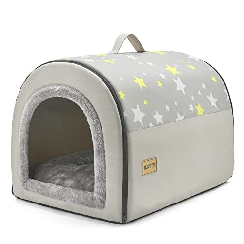 Jiupety Indoor Dog House, 2 in 1 Portable Foldable House Bed with Cover, Pet Tent & Cave Bed for Small Medium Dog, L(24"×18"×18"), Up to 20 Lb, Grey
