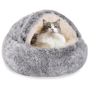 HYQ Small Dog Bed with Cover Cave, Cat Beds for Indoor Cats Washable, Cozy Cat Cave Bed, Round Puppy Bed with Hooded Cover, Dog Beds for Small Dogs with Anti-Slip Bottom (Grey, 20×20 Inch)