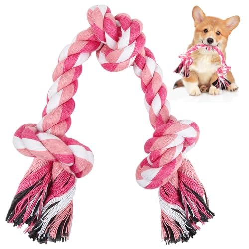SZEE Dog Rope Toy, 14 in 3 Knots Chew Rope for Small Medium Dogs, Natural Cotton Pull Toy for Tug of War and Teeth Cleaning (Pink)